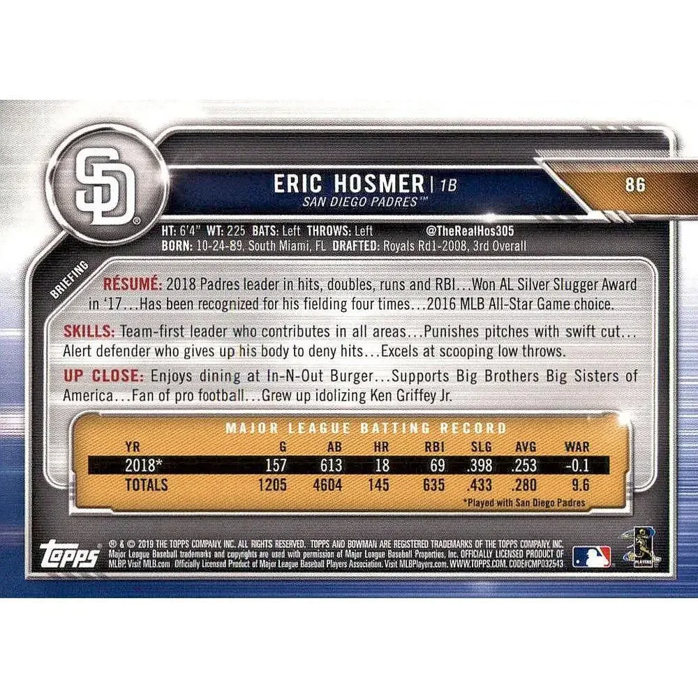 2019 Bowman Eric Hosmer #86 San Diego Padres